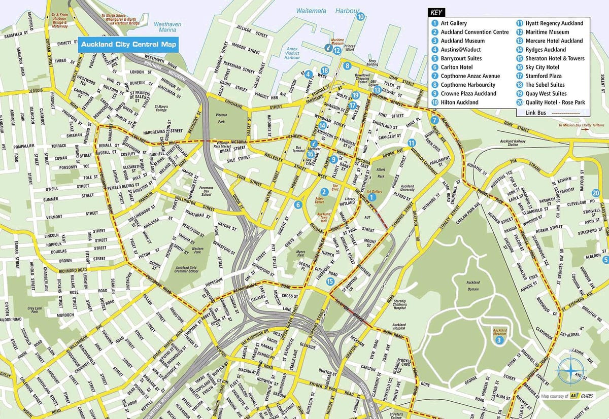 mapa do centro da cidade Auckland